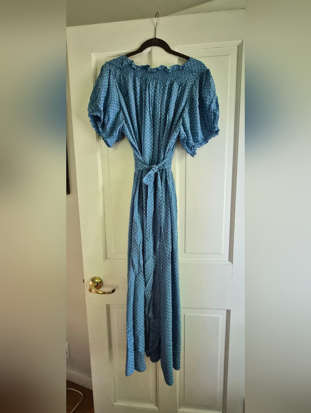 DÔEN Blue Polka Dot Silk Puff Sleeve Smocked Maxi Dress XXL Romantic Prairie